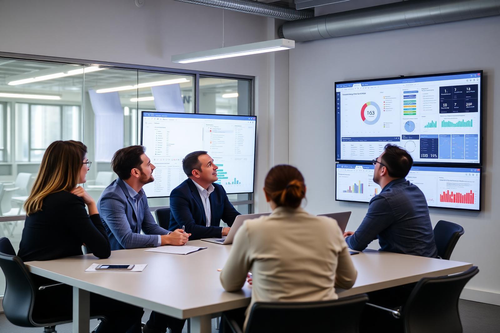 Équipe en réunion devant des tableaux de bord